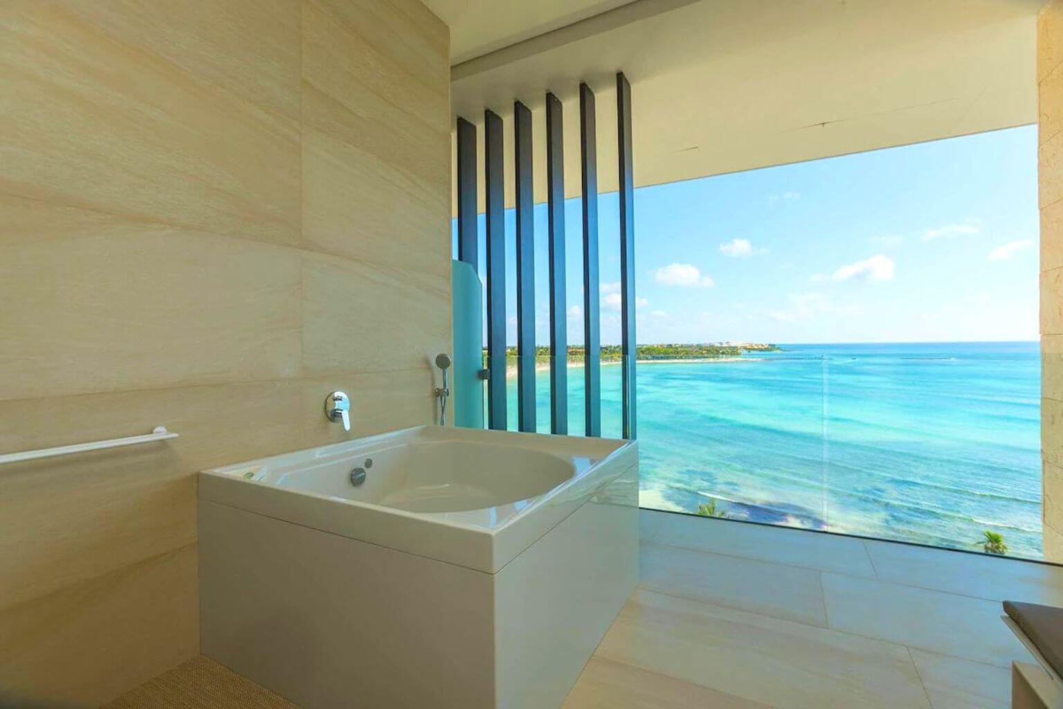 Ocean view from the tub in on of the Barcelo Maya Adults Only rooms.
