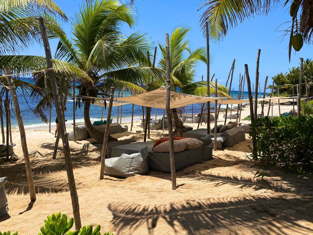 Beach beds and shade covers at Punta Venado Beach Club 