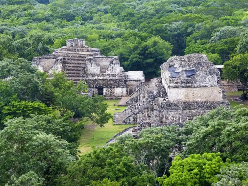 Aerial view of Ek Balam one of the best Maya archeological sites near Puerto Aventuras