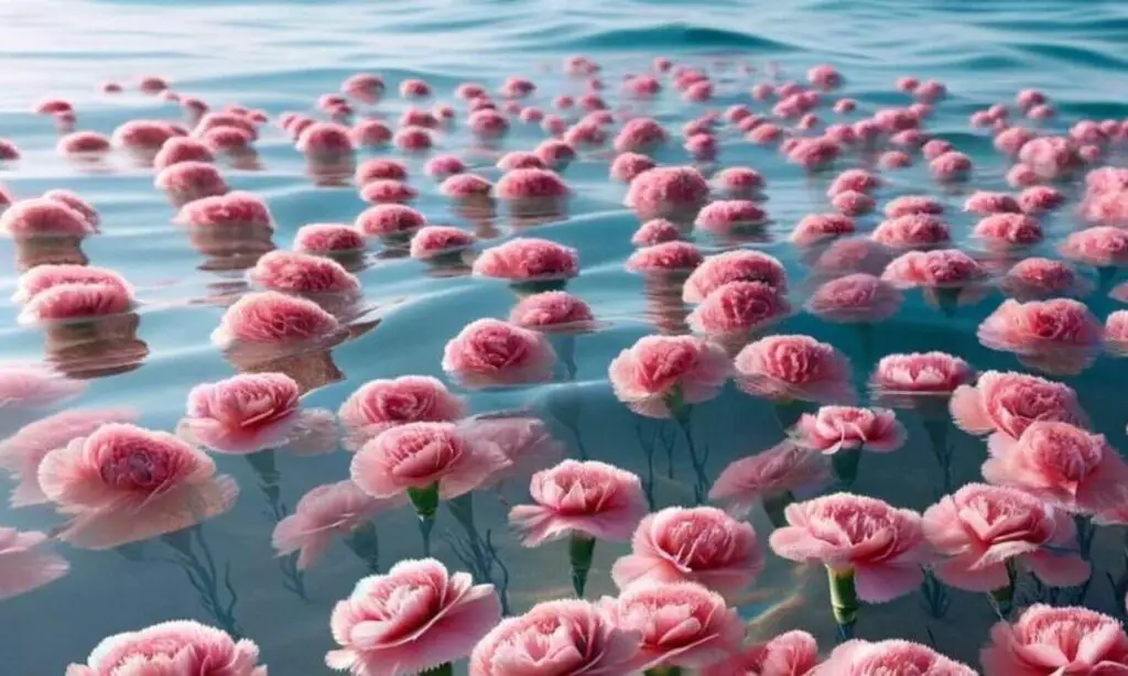 pink carnations floating in the ocean