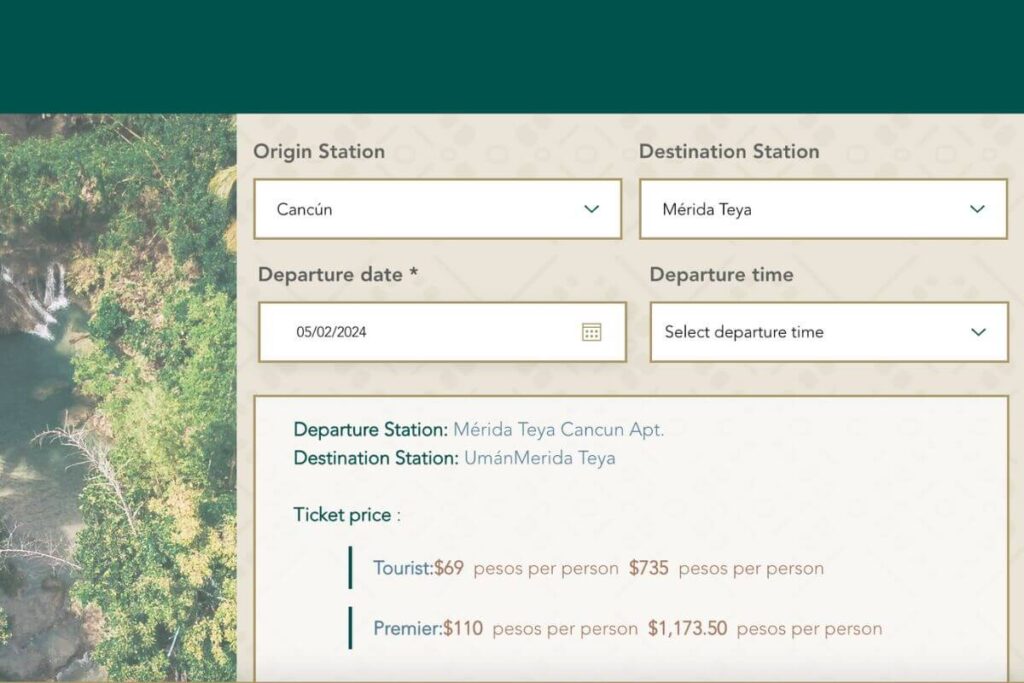 screenshot of online ticket website for the tren maya