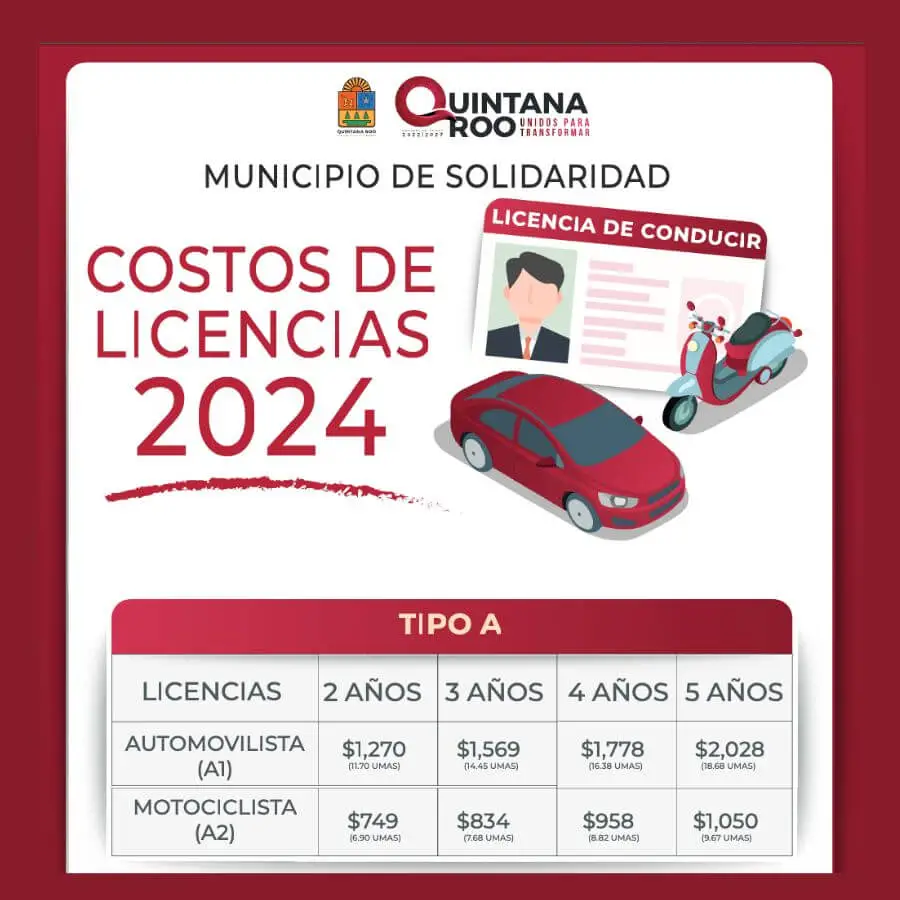 costs for a A1 and A2 drivers license in playa del carmen