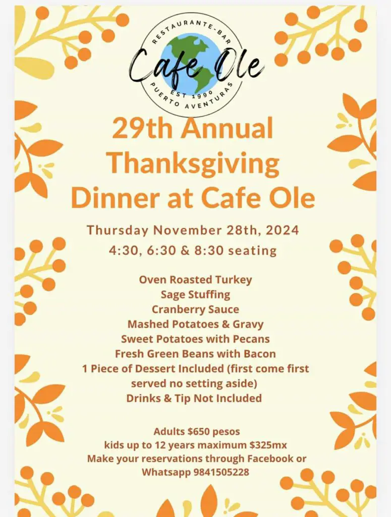 thanksgiving 2024 menu at Cafe Ole in Puerto Aventuras