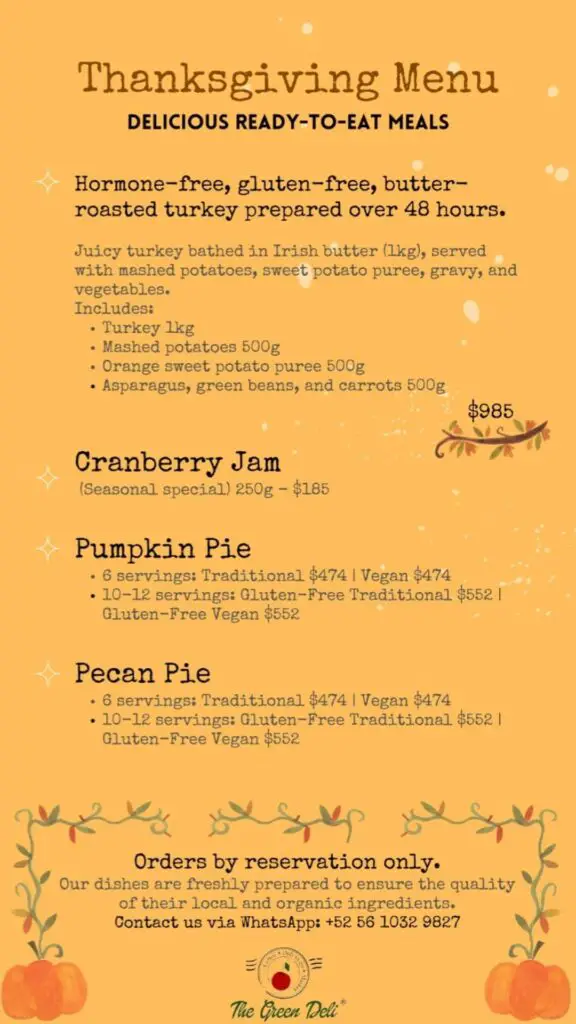 thanksgiving to go menu from the green deli in playa del carmen