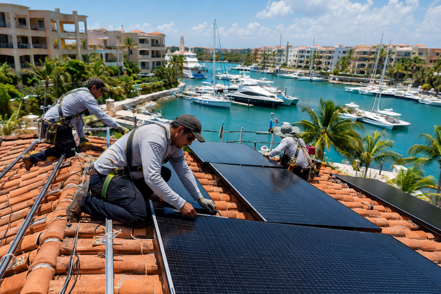Living in Puerto Aventuras 1 Solar power riviera maya men installing solar panels